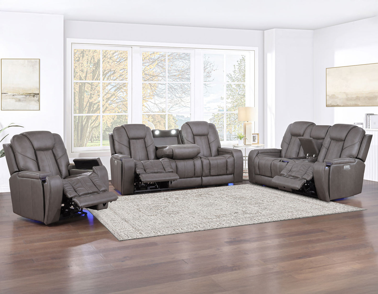 Daniel Triple Power Home Theater Immersive Entertainment Reclining Set, Leather

87″ Sofa, Drop-Down Console
75″ Console Loveseat
Recliner