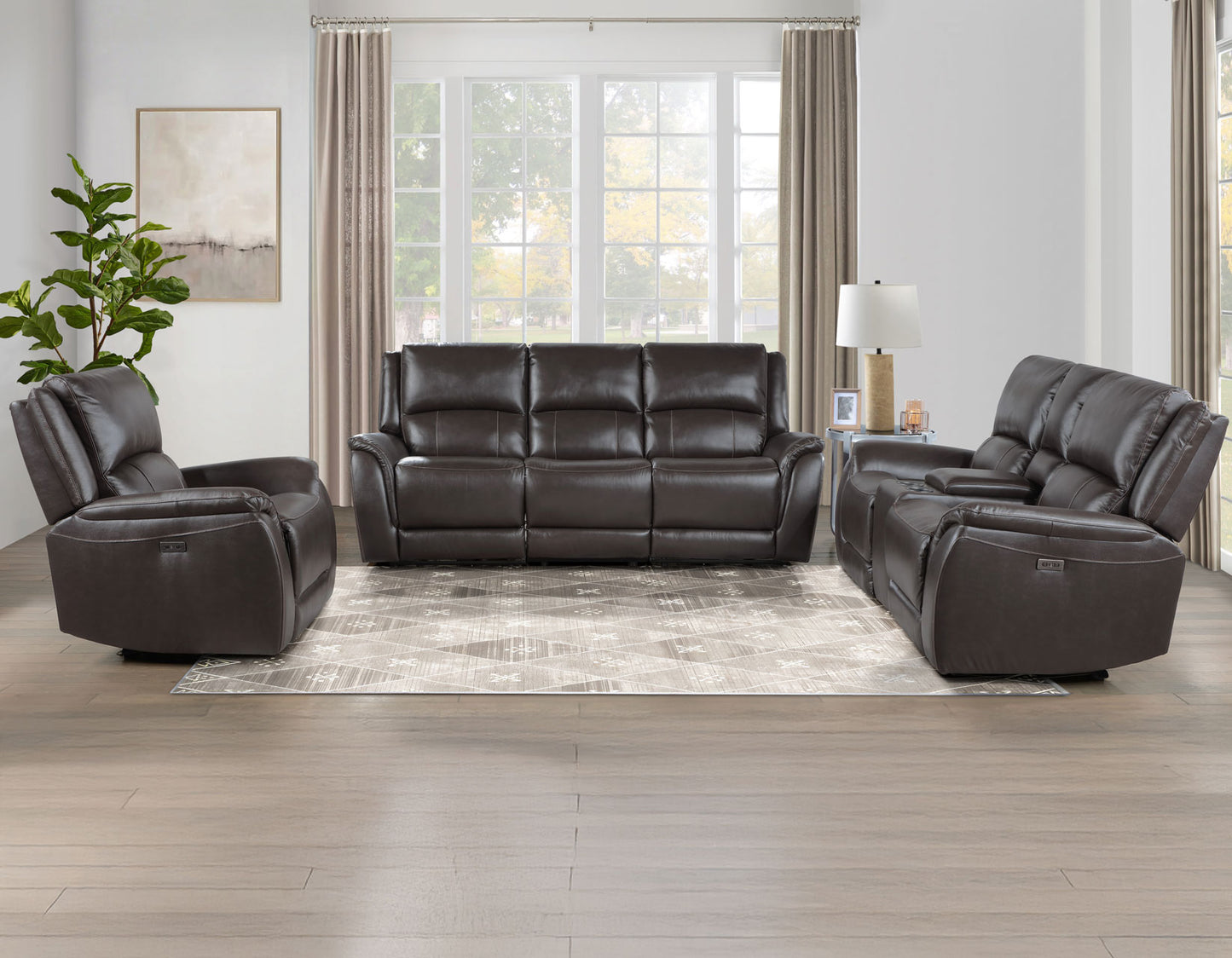 Alexandria Leather Power Reclining, Chocolate

91″ Sofa
80″ Loveseat Console
Recliner