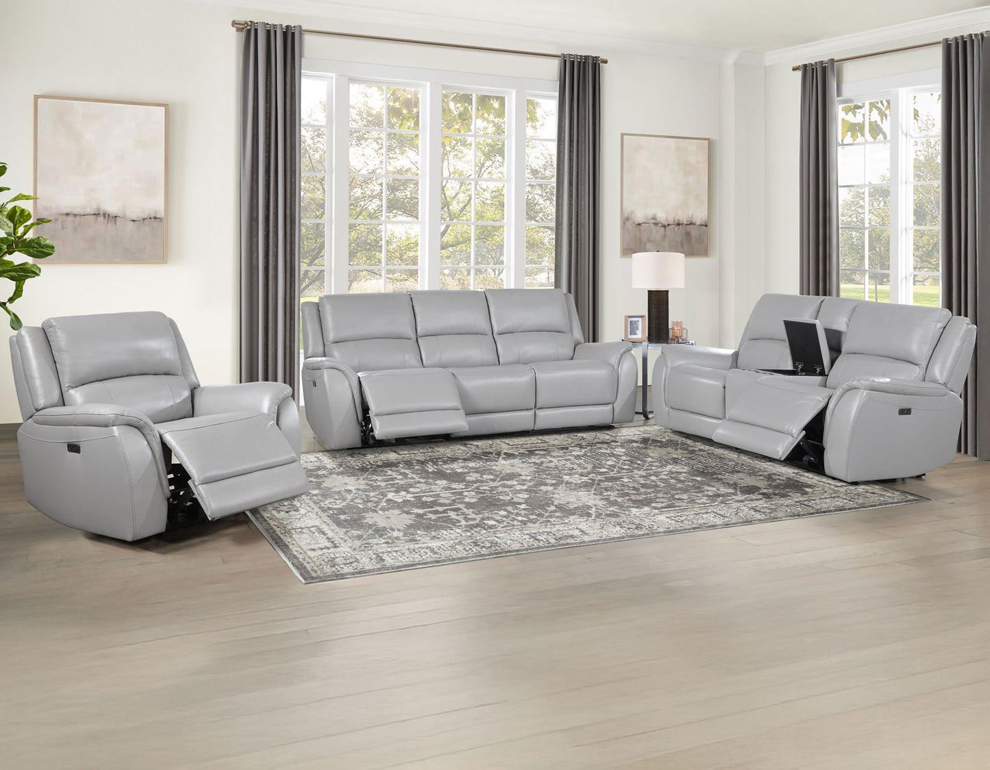 Alexandria Leather Power Reclining, Stone

91″ Sofa
80″ Console Loveseat
Recliner