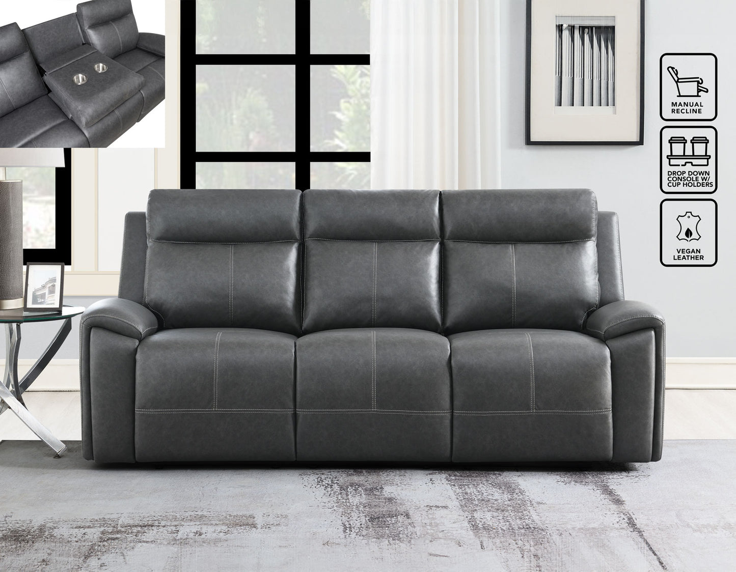 Gaston Manual Reclining

87″ Sofa, Drop-Down Console
65″ Loveseat
Recliner, Glider