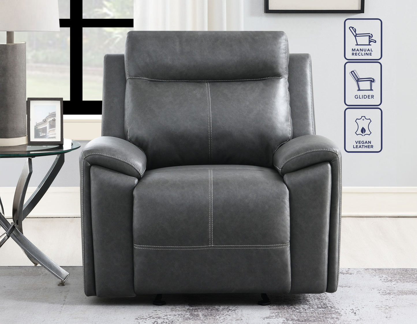 Gaston Manual Reclining

87″ Sofa, Drop-Down Console
65″ Loveseat
Recliner, Glider