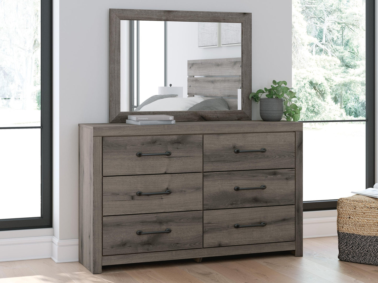 Graystorm Full Panel Bed with Storage, Dresser, Mirror and Nightstand