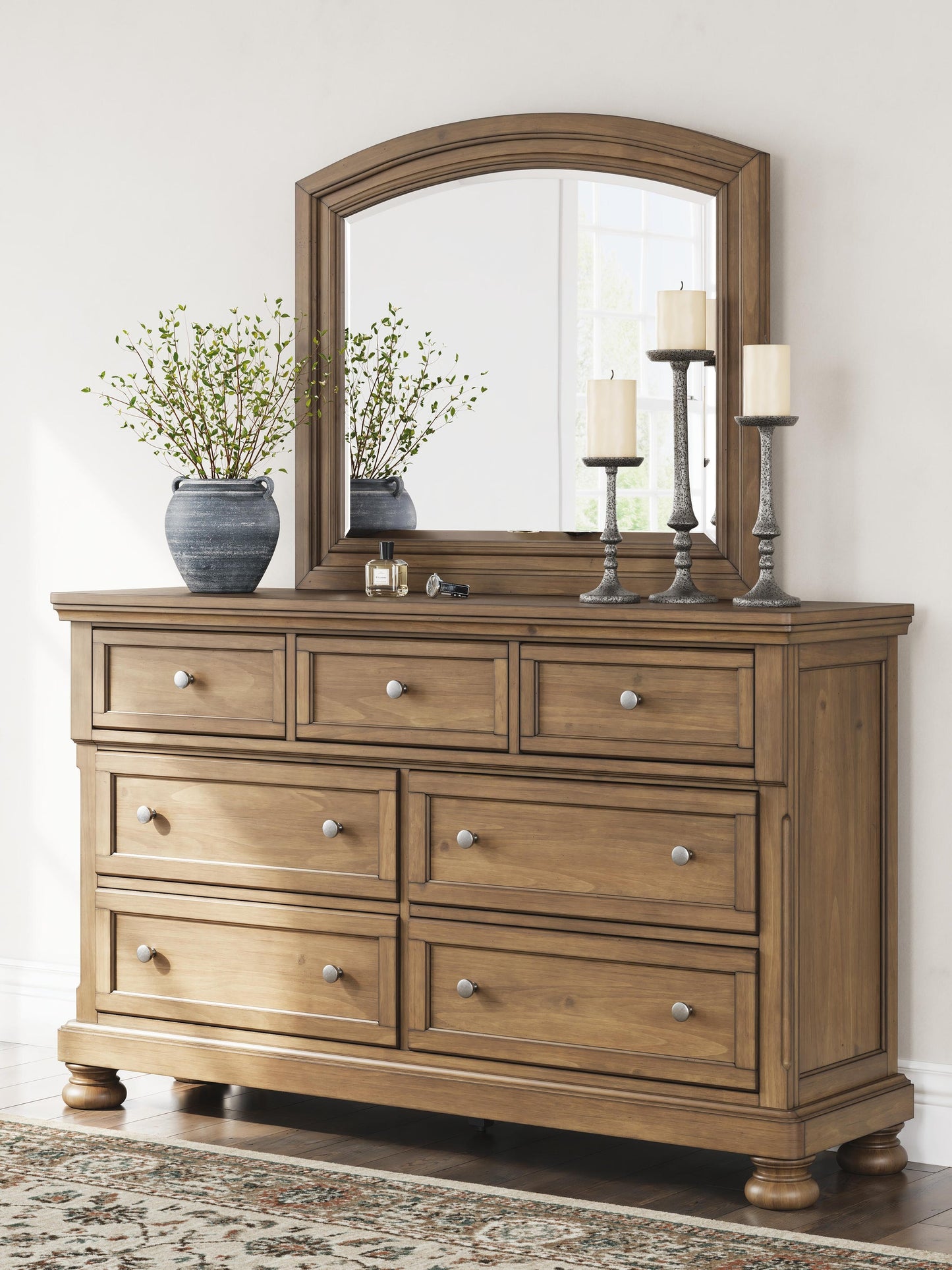 Feddinger California King Storage Sleigh Bed with Mirrored Dresser and Nightstand