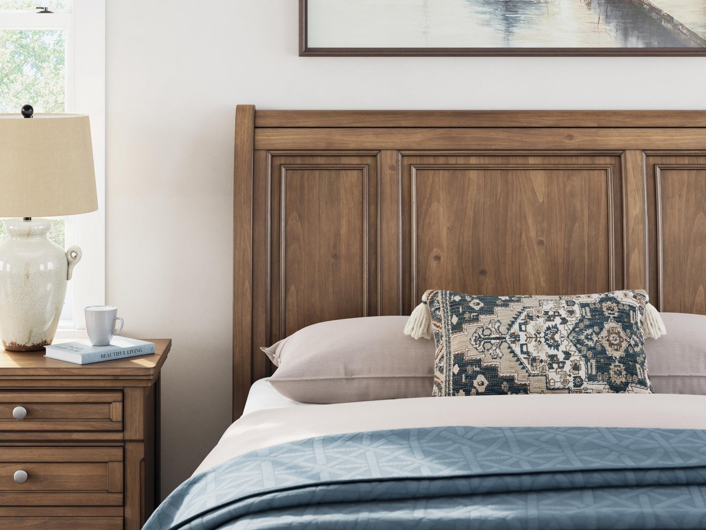 Feddinger Queen Storage Sleigh Bed with Mirrored Dresser, Chest and Nightstand