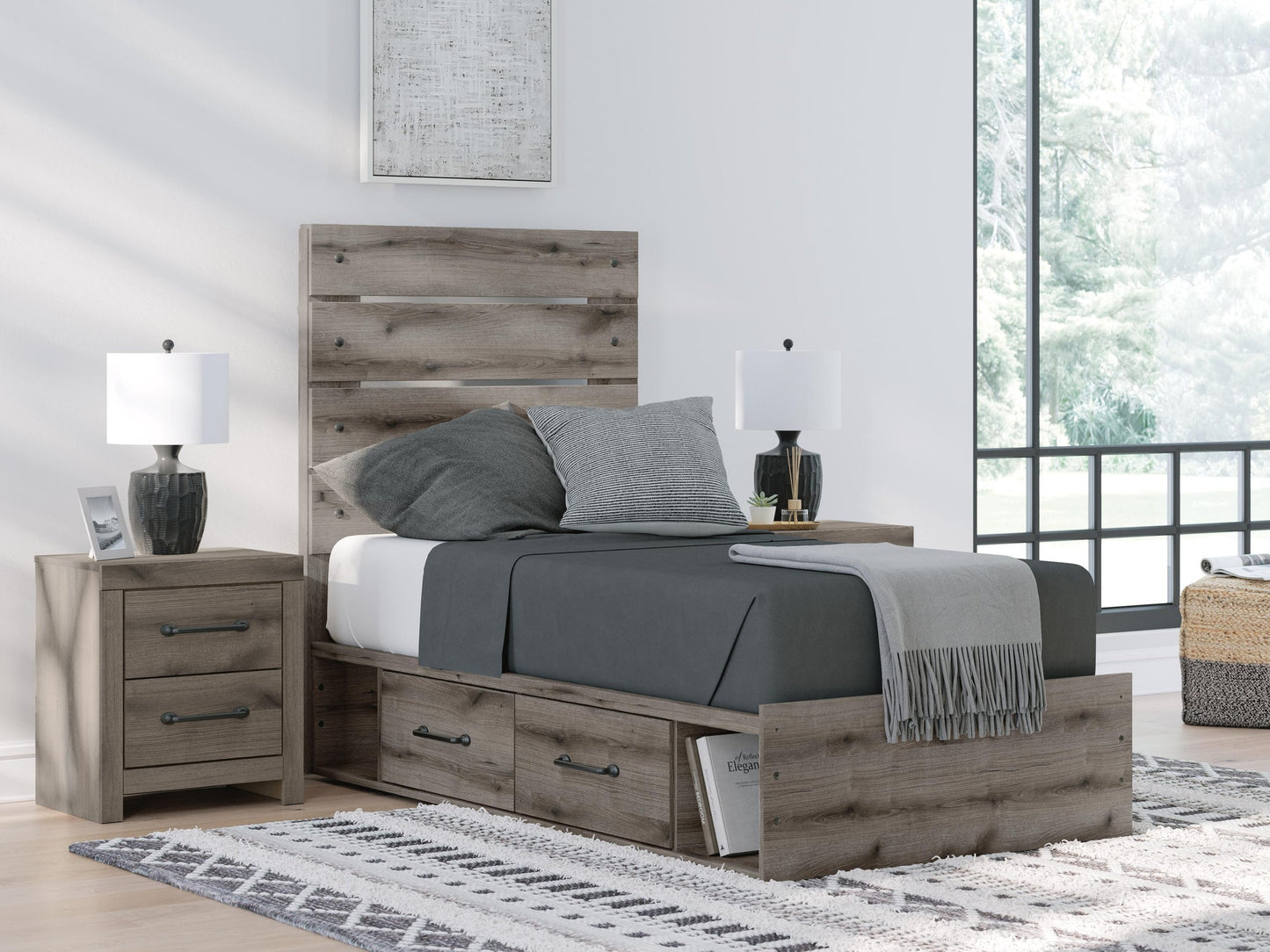 Graystorm Twin Panel Bed with Storage, Dresser and Mirror