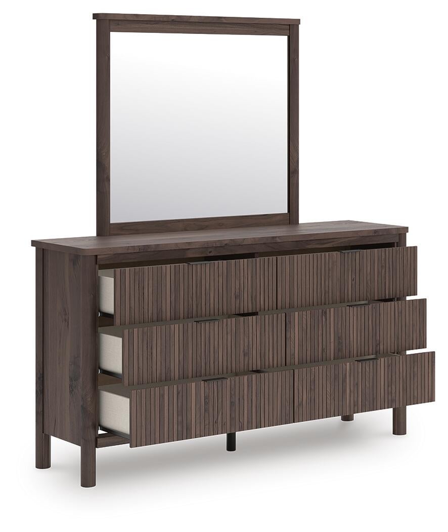 Pamytta King Upholstered Panel Platform Bed, Dresser and Mirror