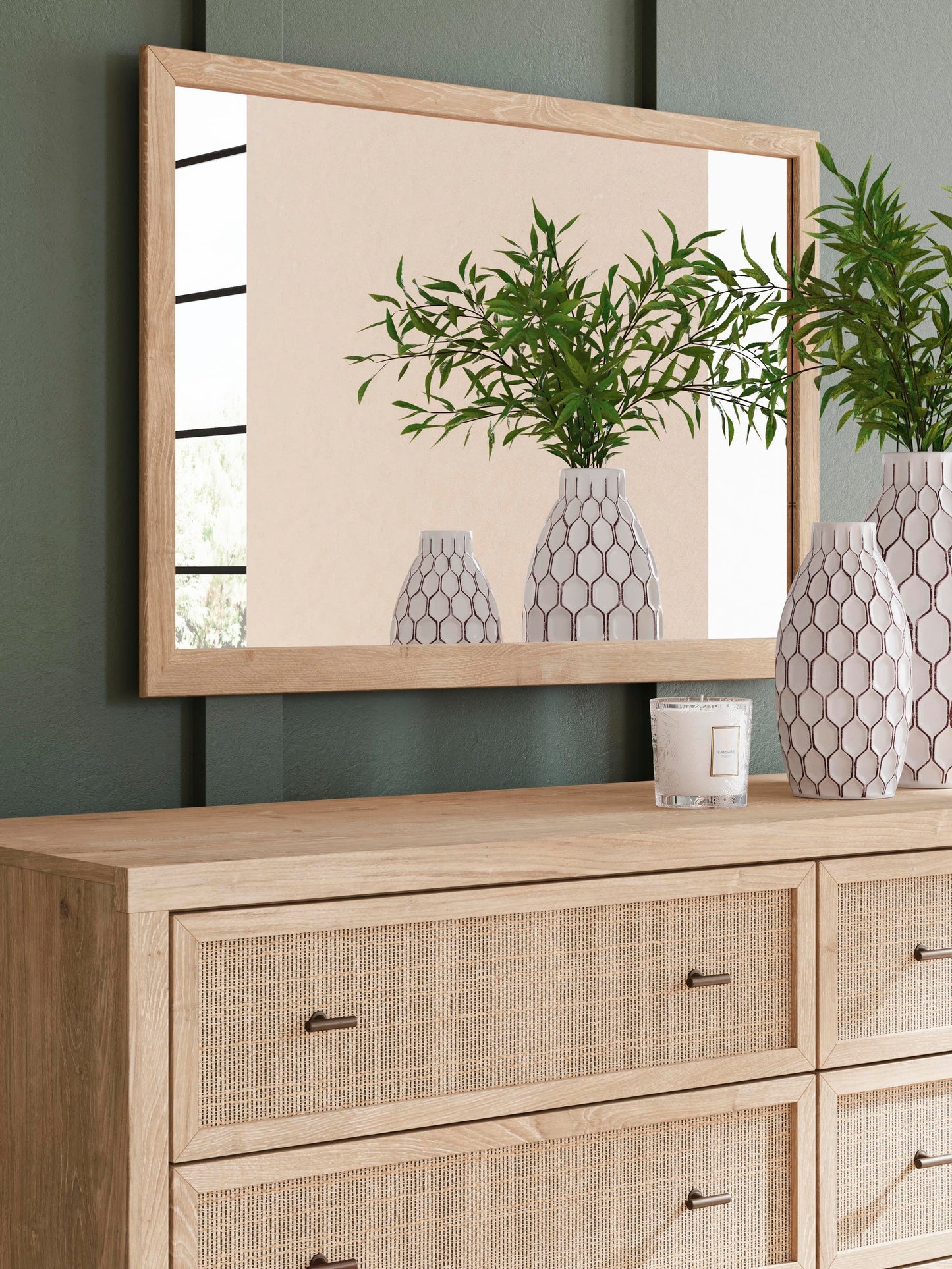 Cielden Queen Upholstered Bed with Roll Slats, Dresser, Mirror, Chest and Nightstand