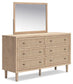 Cielden Queen Upholstered Bed with Roll Slats, Dresser and Mirror