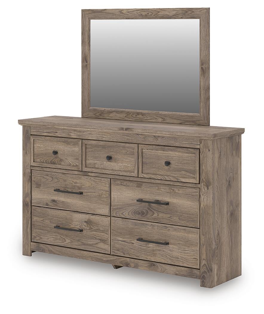 Rusticott Queen Panel Bed with Mirrored Dresser and Nightstand
