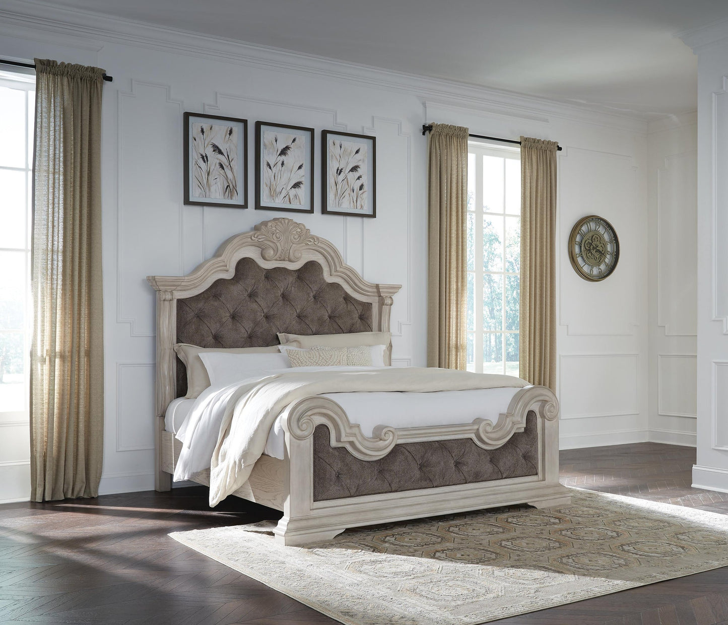 Bruchandi King Upholstered Panel Bed with Mirrored Dresser and Nightstand