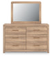 Kinlanni Queen Upholstered Panel Bed, Dresser and Mirror