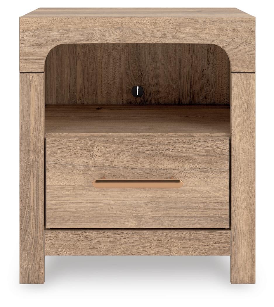 Kinlanni King Upholstered Platform Bed, Dresser, Mirror and Nightstand