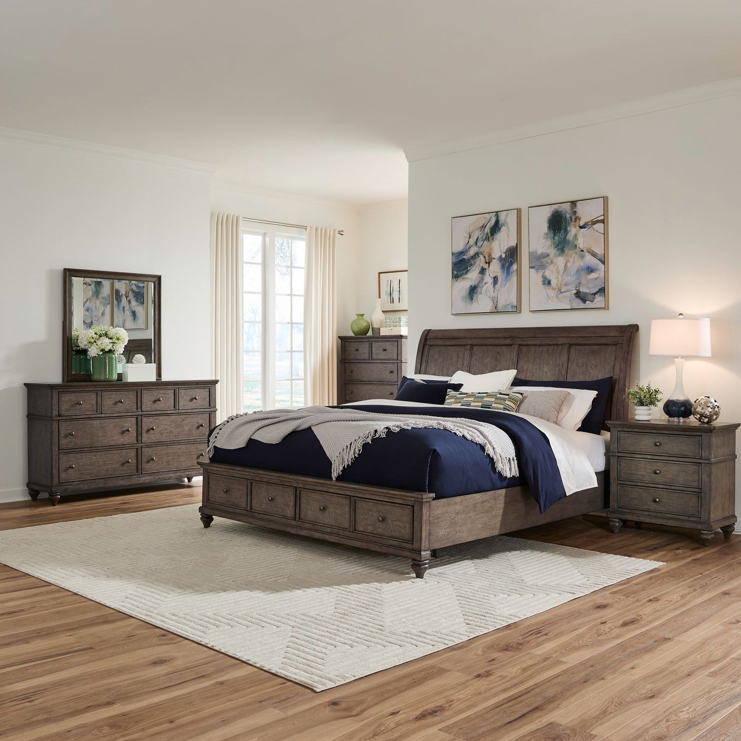 King Storage Bed, Dresser & Mirror, Chest, Night Stand