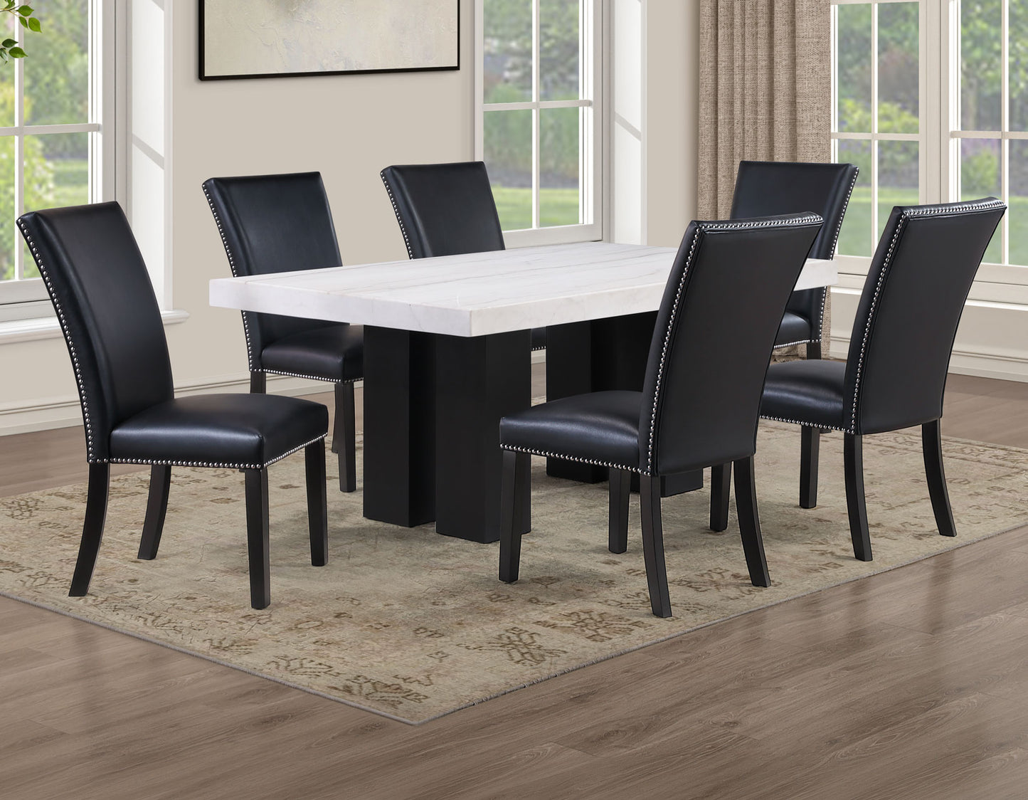 Artemis 5 Piece 70″ Rect White Marble Table, Black Finish w/4 Black Vegan Leather Chairs