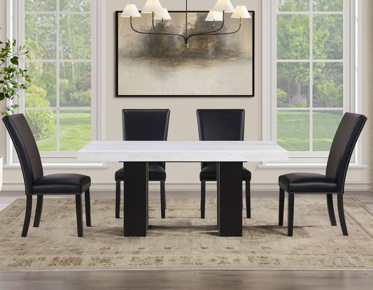 Artemis 5 Piece 70″ Rect White Marble Table, Black Finish w/4 Black Vegan Leather Chairs