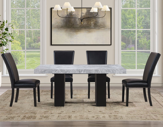 Artemis 5-Piece 70″ Rect Gray Marble Table, Black Finish w/4 Black Vegan Leather Chairs