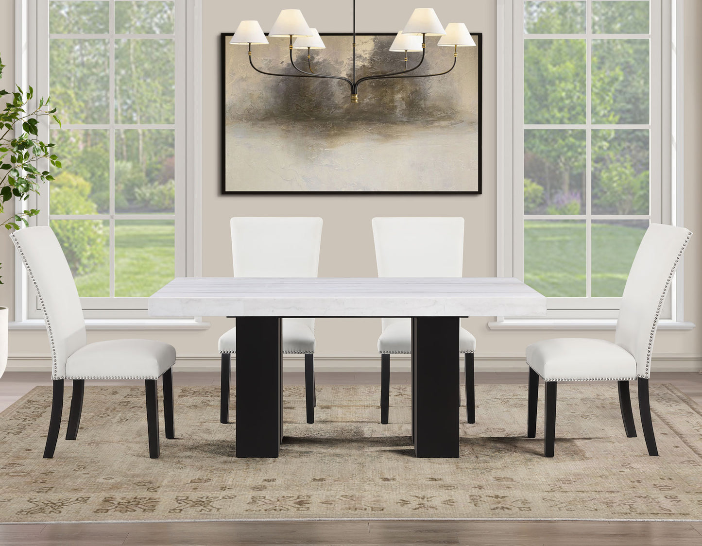 Artemis 5-Piece 70″ Rect White Marble Table, Black Finish w/4 White Vegan Leather Chairs