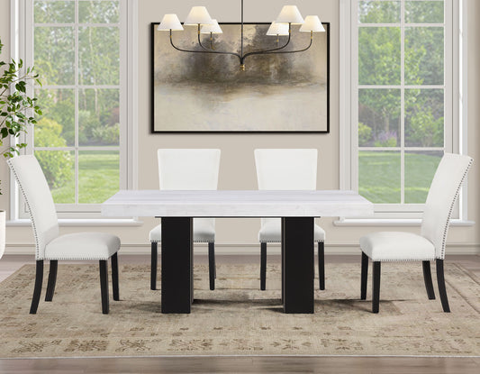 Artemis 5-Piece 70″ Rect White Marble Table, Black Finish w/4 White Vegan Leather Chairs