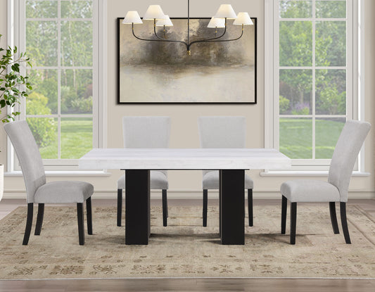 Artemis 5 Piece 70″ Rect White Marble Table, Black Finish w/4 Gray Chenille Chairs