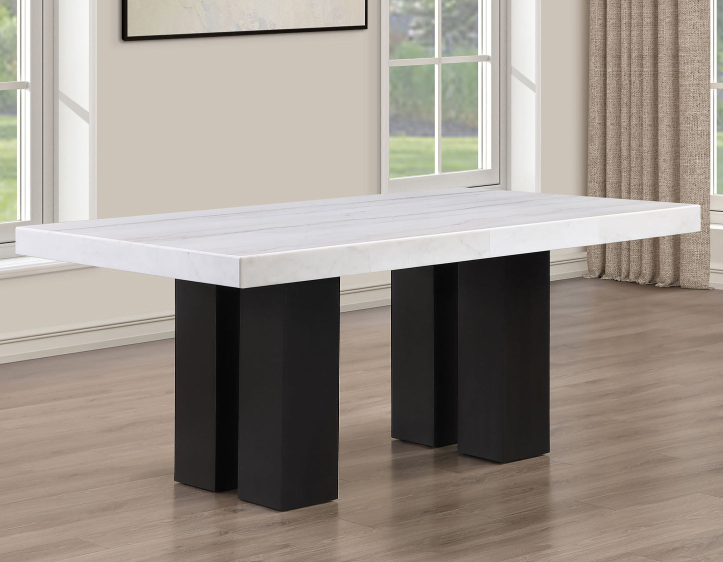 Artemis 5 Piece 70″ Rect White Marble Table, Black Finish w/4 Gray Chenille Chairs