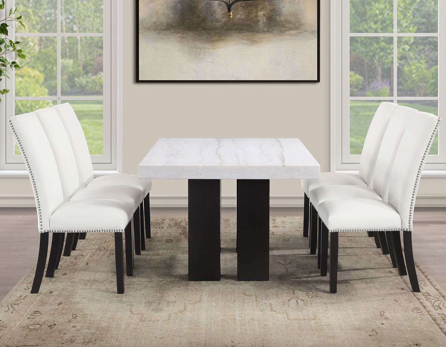 Artemis 5-Piece 70″ Rect White Marble Table, Black Finish w/4 White Vegan Leather Chairs