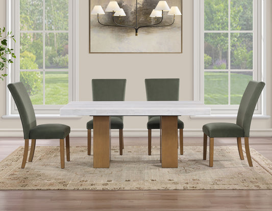 Artemis 70″ Rect White Marble Table, Tan Finish w/4 Green Velvet Chairs