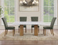 Artemis 70″ Rect White Marble Table, Tan Finish w/4 Green Velvet Chairs