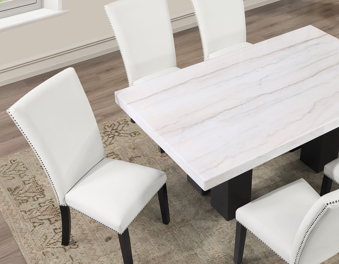 Artemis 5-Piece 70″ Rect White Marble Table, Black Finish w/4 White Vegan Leather Chairs