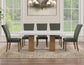 Artemis 70″ Rect White Marble Table, Tan Finish w/4 Green Velvet Chairs