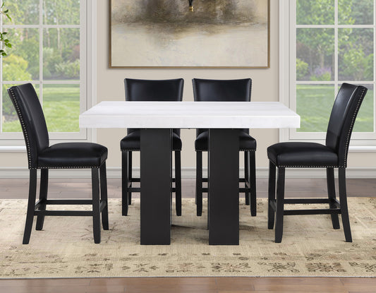 Artemis 5-piece 54″ Square White Marble Counter Table with 4 Black Vegan Leather Counter Chairs