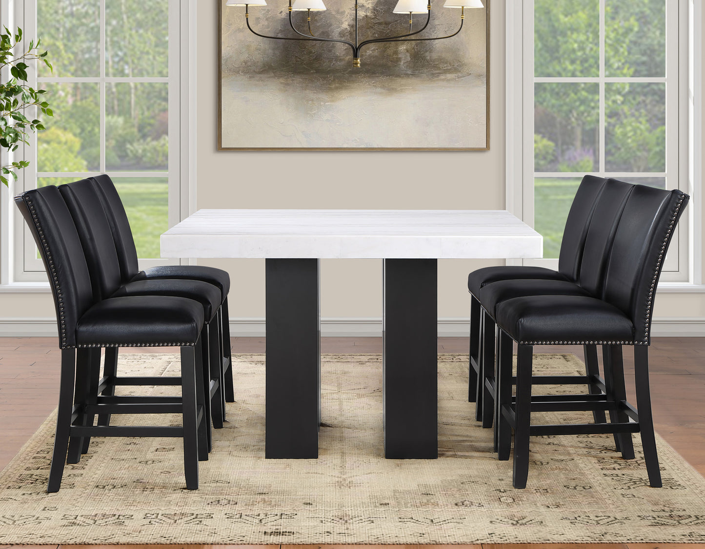 Artemis 5-piece 54″ Square White Marble Counter Table with 4 Black Vegan Leather Counter Chairs