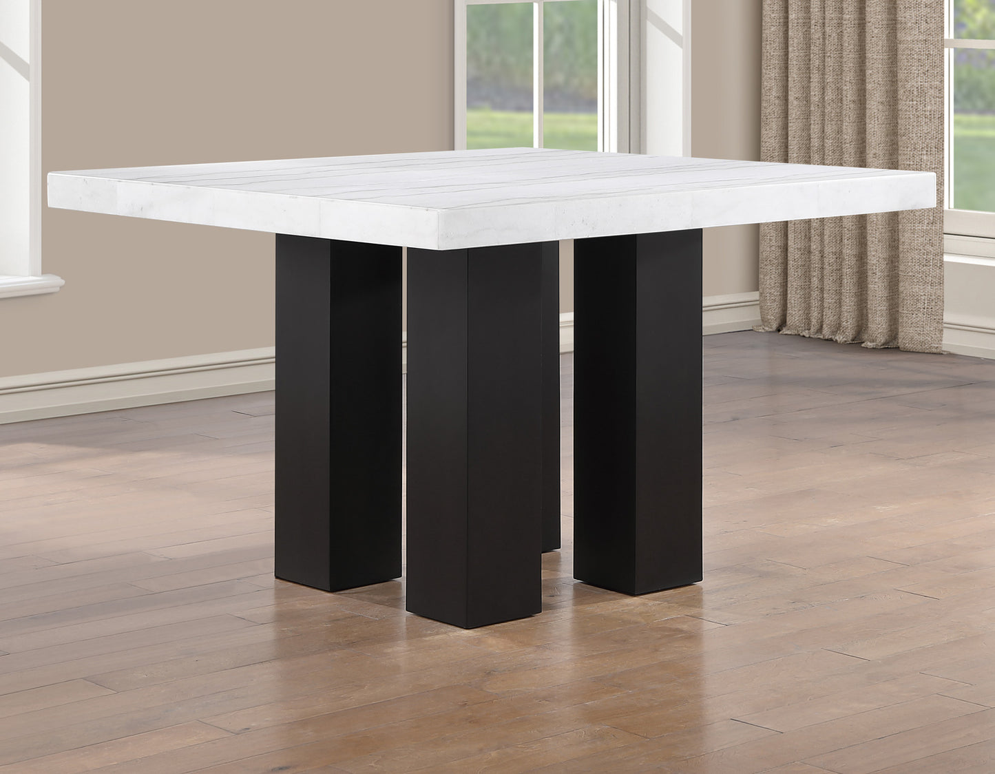 Artemis 5-piece 54″ Square White Marble Counter Table with 4 Black Vegan Leather Counter Chairs
