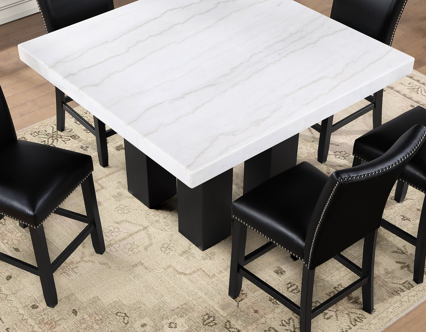 Artemis 5-piece 54″ Square White Marble Counter Table with 4 Black Vegan Leather Counter Chairs