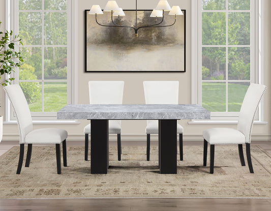 Artemis 5-Piece 70″ Rect Gray Marble Table, Black Finish w/4 White Vegan Leather Chairs