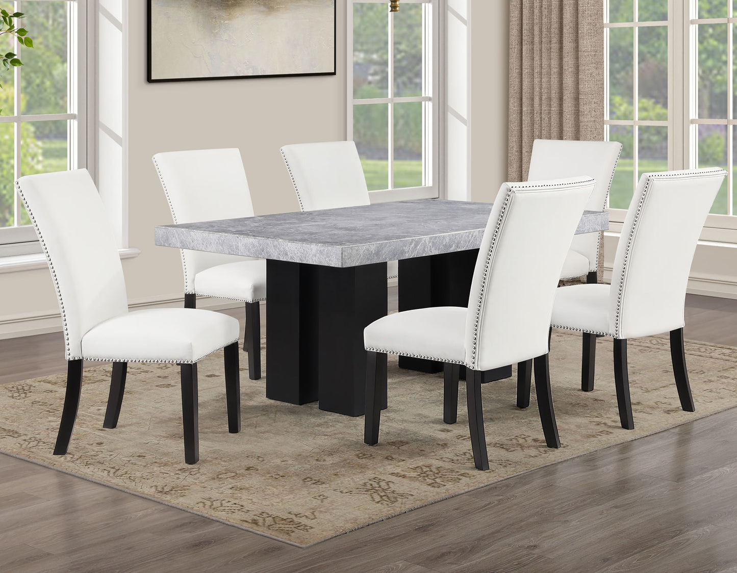 Artemis 5-Piece 70″ Rect Gray Marble Table, Black Finish w/4 White Vegan Leather Chairs