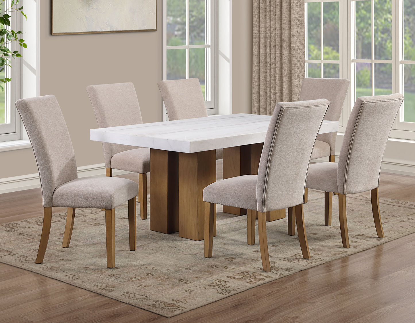 Artemis 5 Piece 70″ Rect White Marble Table, Tan Finish w/4 Beige Chenille Chairs