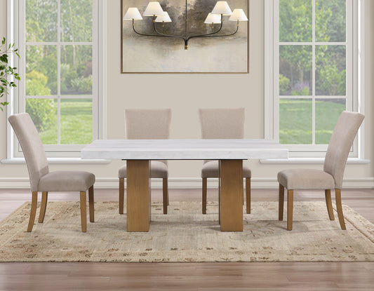 Artemis 5 Piece 70″ Rect White Marble Table, Tan Finish w/4 Beige Chenille Chairs