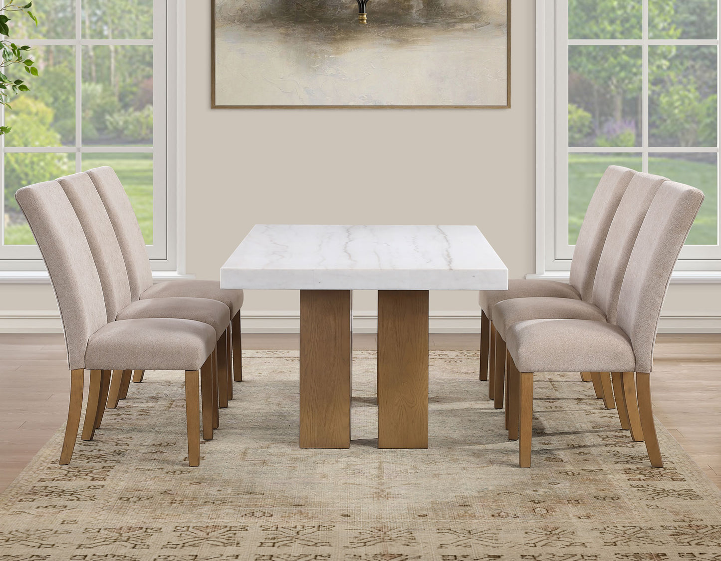 Artemis 5 Piece 70″ Rect White Marble Table, Tan Finish w/4 Beige Chenille Chairs