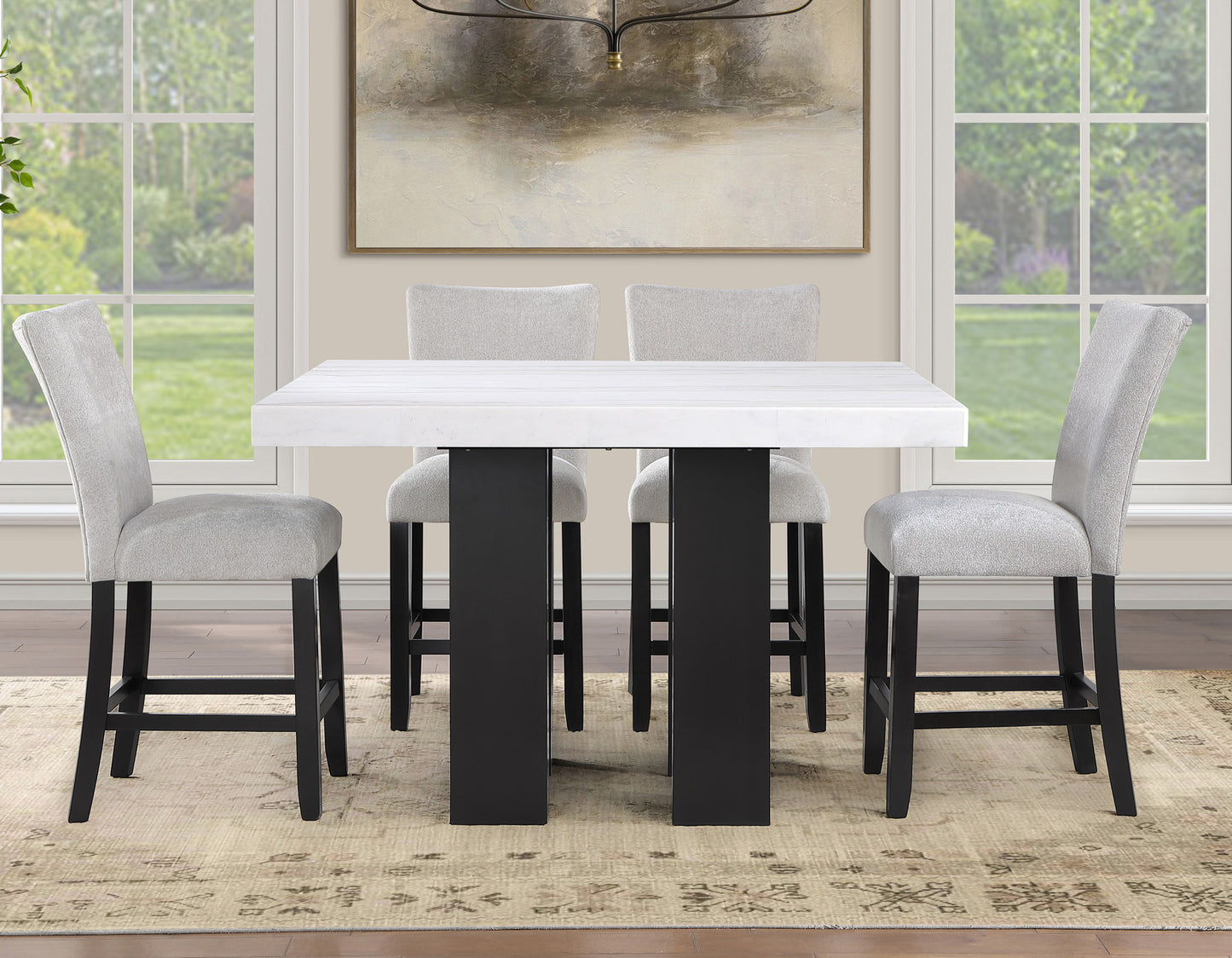 Artemis 5-piece 54″ Square White Marble Counter Table with 4 Gray Chenille Counter Chairs
