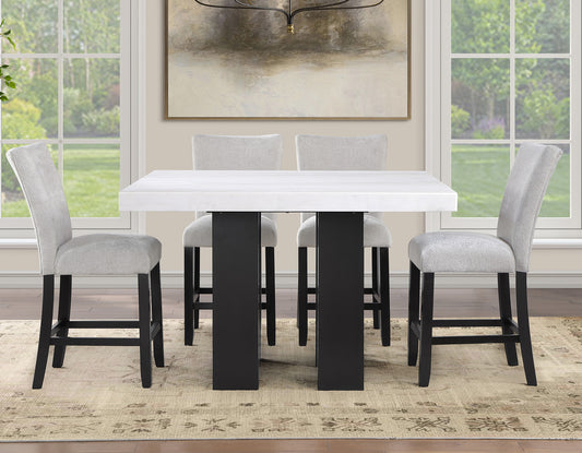 Artemis 5-piece 54″ Square White Marble Counter Table with 4 Gray Chenille Counter Chairs