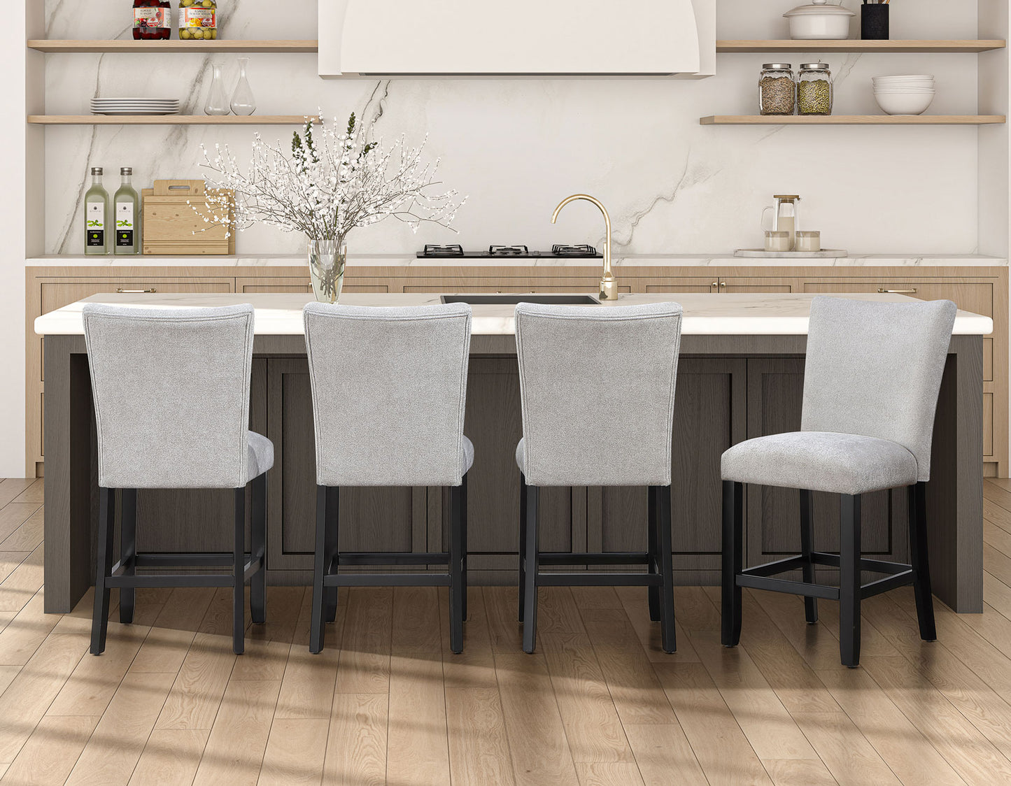 Artemis 5-piece 54″ Square White Marble Counter Table with 4 Gray Chenille Counter Chairs