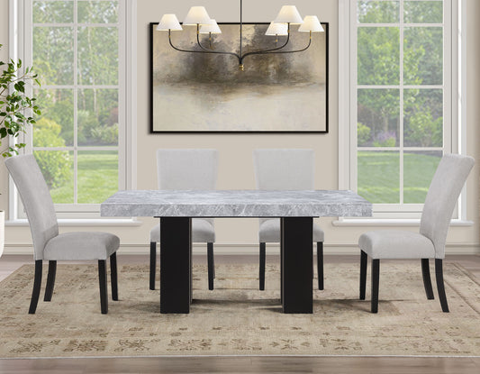 Artemis 5 Piece 70″ Rectangular Gray Marble Table, Black Finish with 4 Gray Chenille Chairs