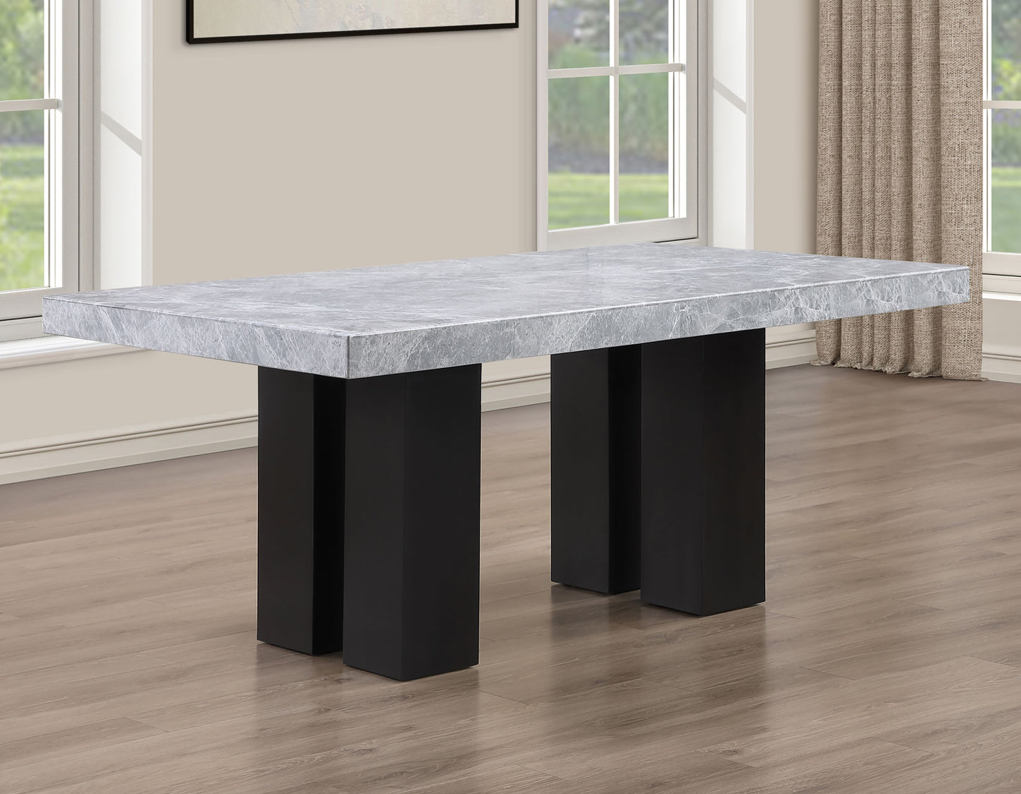 Artemis 5 Piece 70″ Rectangular Gray Marble Table, Black Finish with 4 Gray Chenille Chairs