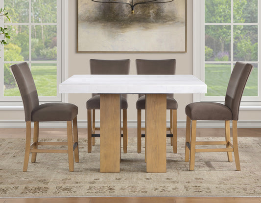Artemis 5-Piece 54″ Square White Marble Counter Table, Sand Finish w/4 Brown Velvet Counter Chairs (Copy)