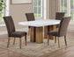 Artemis 70″ Rect White Marble Table, Tan Finish with 4 Brown Velvet Chairs