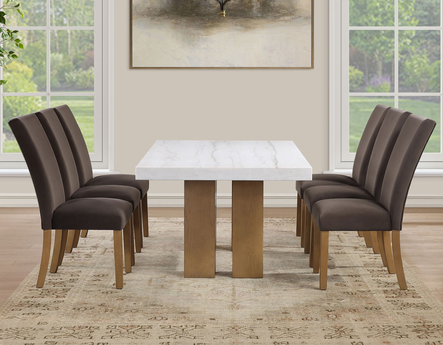 Artemis 70″ Rect White Marble Table, Tan Finish with 4 Brown Velvet Chairs