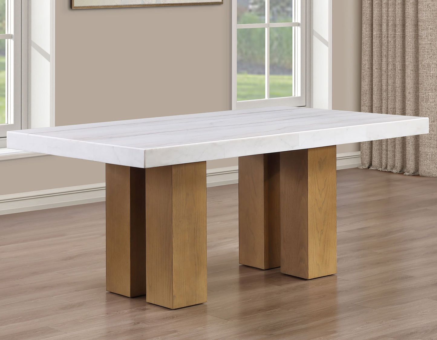 Artemis 70″ Rect White Marble Table, Tan Finish with 4 Brown Velvet Chairs