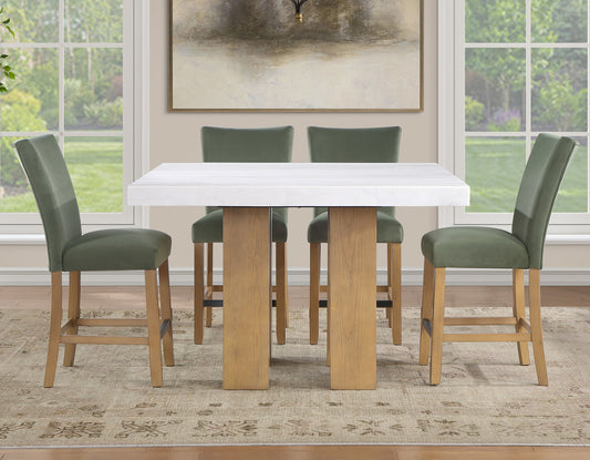 Artemis 5-Piece 54″ Square White Marble Counter Table, Sand Finish w/4 Green Velvet Counter Chairs