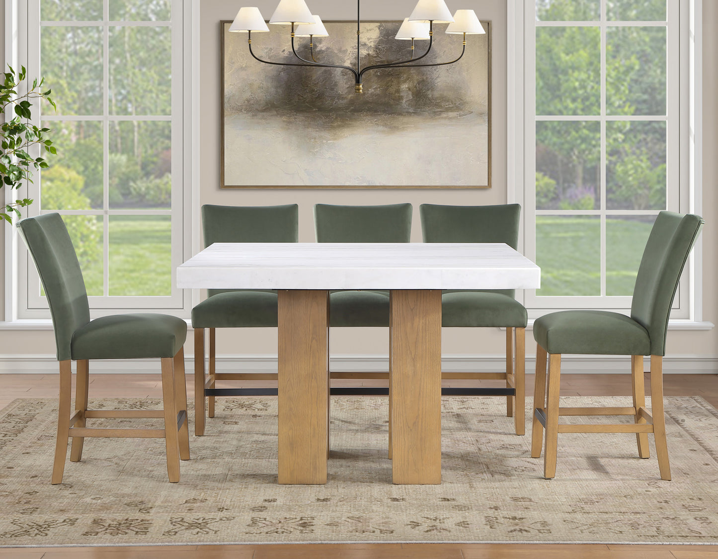 Artemis 5-Piece 54″ Square White Marble Counter Table, Sand Finish w/4 Green Velvet Counter Chairs