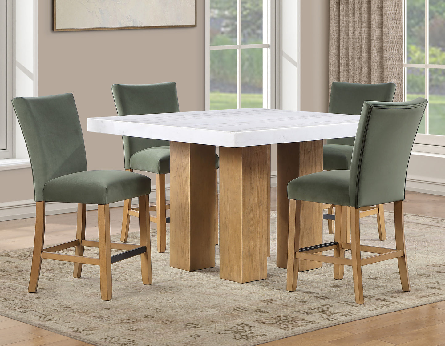 Artemis 5-Piece 54″ Square White Marble Counter Table, Sand Finish w/4 Green Velvet Counter Chairs